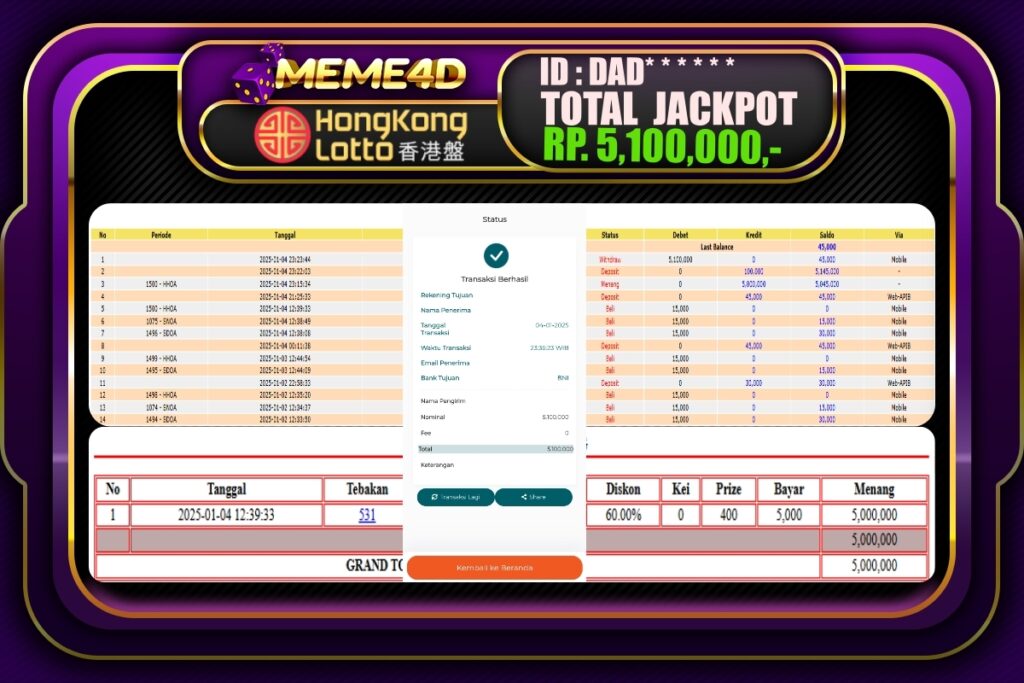 Bukti Jp MEME4D Togel Online 05 JANUARI 2025