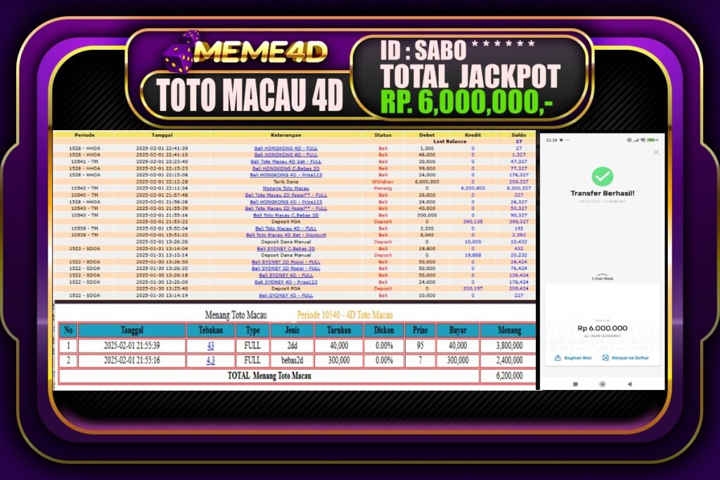 Bukti Jp MEME4D Togel Online 02 Februari 2025