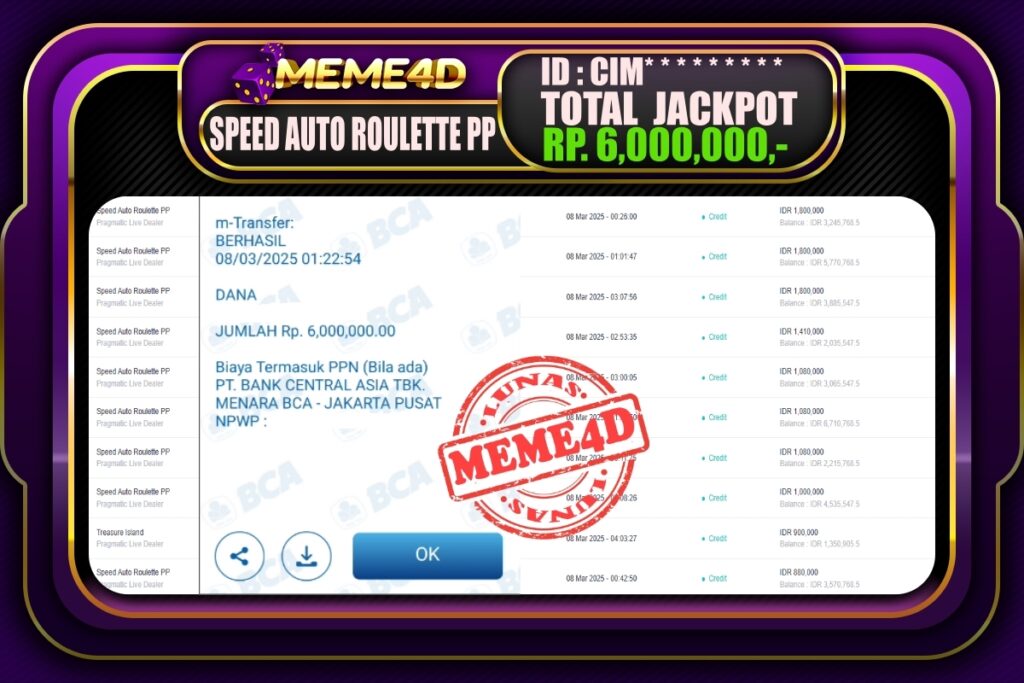 Bukti Jp MEME4D Casino Online 08 Maret 2025