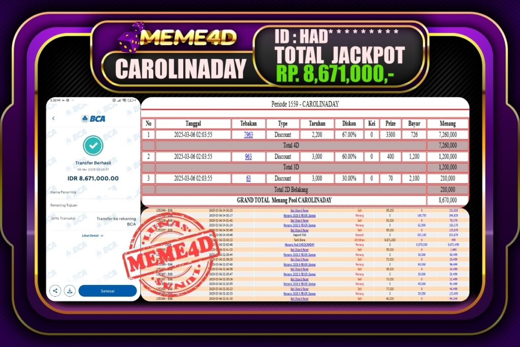 Bukti Jp MEME4D Togel Online 06 Maret 2025