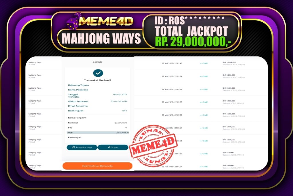 Bukti Jp MEME4D Slot Online 09 Maret 2025